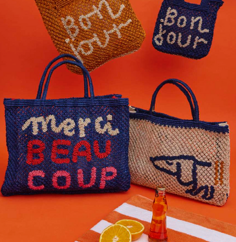The Merci Beau Coup Cobalt Jute Bag Large in Tango/Pink/Scarlett